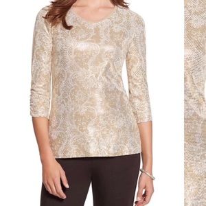 Women's Metallic Beige Patterned 3/4 Sleeve Top